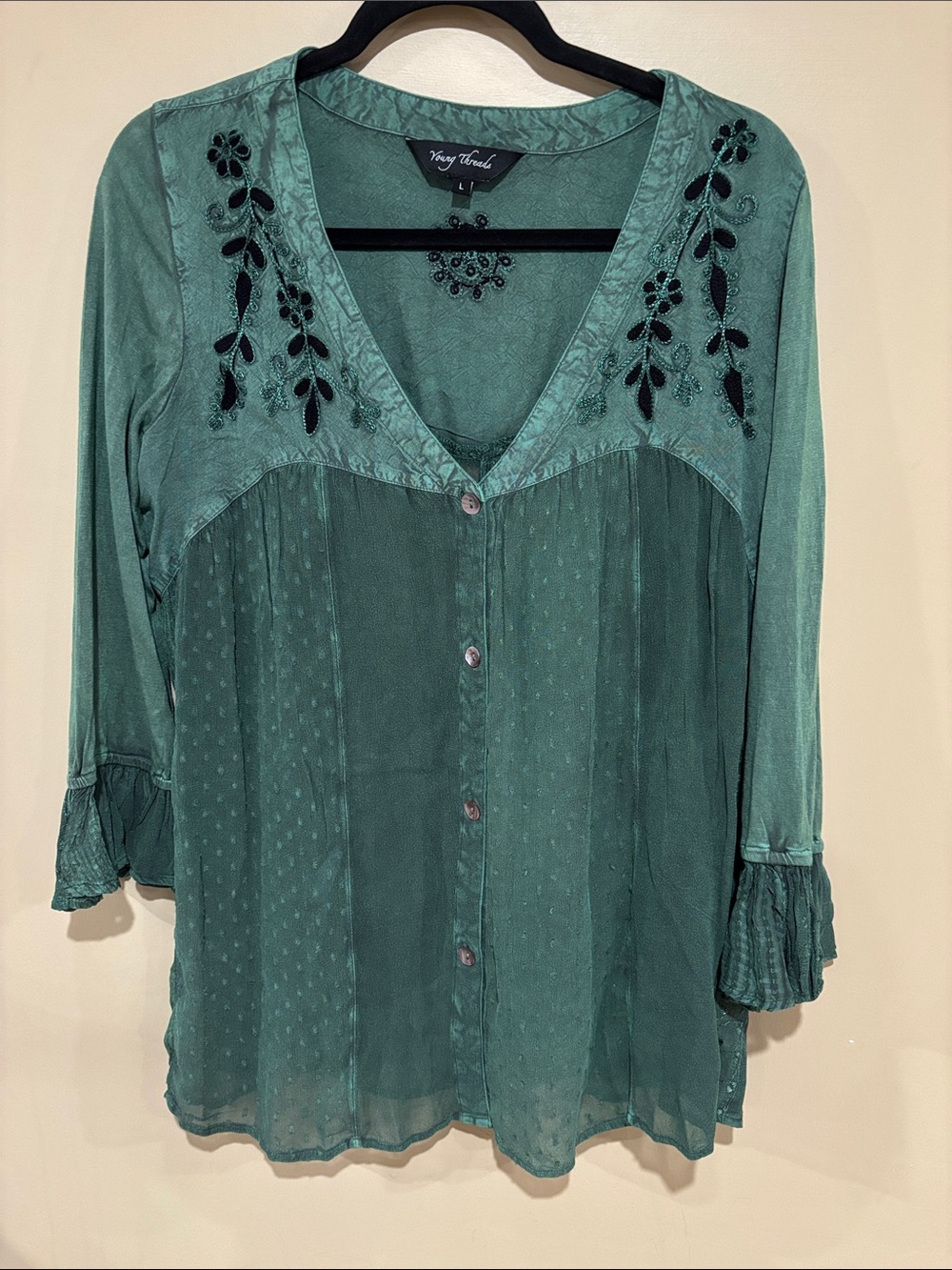 Young threads green mineral Wash Lacey whimsical top